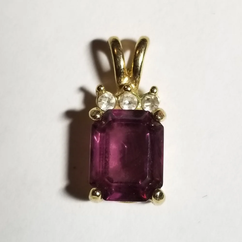 Purple gem pendant gold tone tiny dainty rectangular vintage